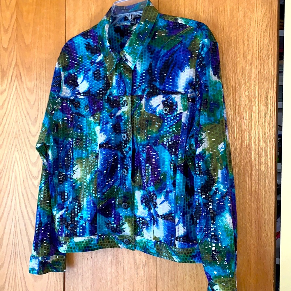 Notations XL shimmery floral colorful shiny fish scales shirt jacket button EUC